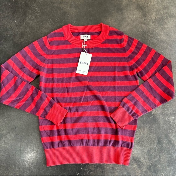 Pact Red and Purple Striped Crew Neck Sweater - Picture 1 of 10